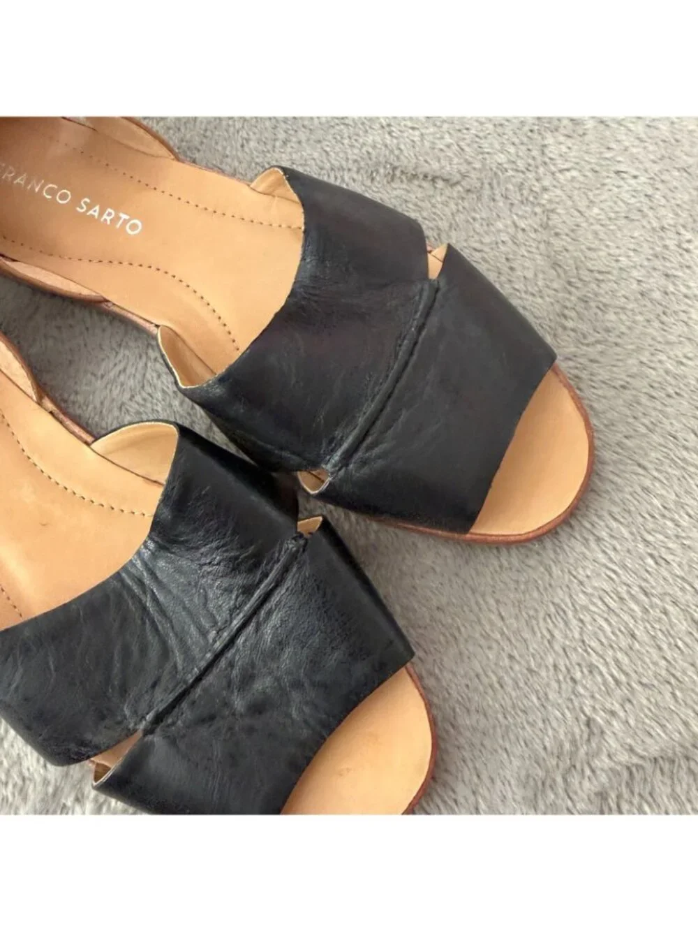 Franco Sarto Leather Open Toe D'Orsay Sandals Flats Shoes Womens 7.5 Black Brown